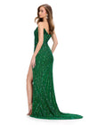 Back. Emerald ASHLEYlauren 11236 strapless gown featuring a sweetheart neckline, modern floral sequin motif cascading down the bustier and skirt, and a left leg slit for a glamorous and head-turning look.