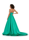 Back. Emerald ASHLEYlauren 11250 elegant satin ball gown featuring an illusion V-neckline, strapless design, full A-line skirt with pockets, and a sweeping train for a timeless and sophisticated look.