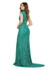 Back. Emerald ASHLEYlauren 11395 fully beaded sequin gown featuring an intricate beaded motif, high neckline, cap sleeves, and a modest front slit for an elegant and regal look.