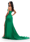 Back. Emerald ASHLEYlauren 11574 One Shoulder Satin Gown with Sweetheart Neckline, Ruched Bustier, and Left Leg Slit