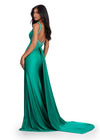 Back. Emerald ASHLEYlauren 11579 Unique Jersey Gown with Illusion V-Neckline, Sparkling Press On Stones, Flowing Side Skirt, and Left Leg Slit