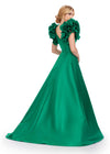 Back. Emerald ASHLEYlauren 11610 A-Line Mikado Gown with Deep V-Neckline, V-Back, Dramatic Ruffle Sleeves, and Skirt Slit