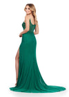 Back. Emerald ASHLEYlauren 11616 Spaghetti Strap Gown with Beaded Corset Bustier, Press On Stone Embellishments, and Left Leg Slit