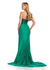 Back. Emerald ASHLEYlauren 11690 Glamorous Strapless Gown with Exposed Corset Boning Encrusted in Press On Stones, Ruched Skirt, and Left Leg Slit
