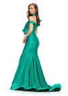 Back. Emerald ASHLEYlauren 11708 stunning jersey gown featuring a ruffle one shoulder neckline, classic mermaid silhouette, press-on stone embellishments, and a matching choker for an elegant and striking look.