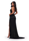 Back. Front. Black ASHLEYlauren 11547 Plunging V-Neckline Fully Liquid Beaded Gown with Open Back and High Left Leg Slit
