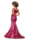 Back. Fuchsia ASHLEYlauren 11107 Off-Shoulder Sequin Gown with Criss-Cross Open Back, Fit & Flare Silhouette, and Horsehair Hem