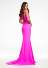Back. Fuchsia ASHLEYlauren 11119 One-Shoulder Gown in Corset Fabric with Asymmetrical Lace-Up Back and Left Leg Slit