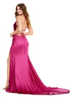 Back. Fuchsia ASHLEYlauren 11162 Elegant Gown with Spaghetti Straps, Draped Bodice, Ruching, Left Leg Slit, and Lace-Up Back