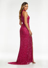 Back. Fuchsia ASHLEYlauren 11174 Fully Hand-Beaded Sequin Gown with Halter Neckline, Full Back, and Right Leg Slit