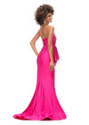 Back. Fuchsia ASHLEYlauren 11295 strapless jersey gown featuring a wrap bustier adorned with press-on stones, a knot detail at the waist, and a sweep train for a sleek and elegant silhouette.
