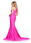 Back. Fuchsia ASHLEYlauren 11525 One Shoulder Fitted Jersey Gown with Delicate Multi-Coloured Floral Heat Set Stones Cascading Down Skirt and Sweep Train