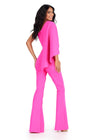 Back. Fuchsia ASHLEYlauren 11543 Scuba Jumpsuit with One Shoulder Design, Cascading Ruffle Cape Sleeve, and Dramatic Style