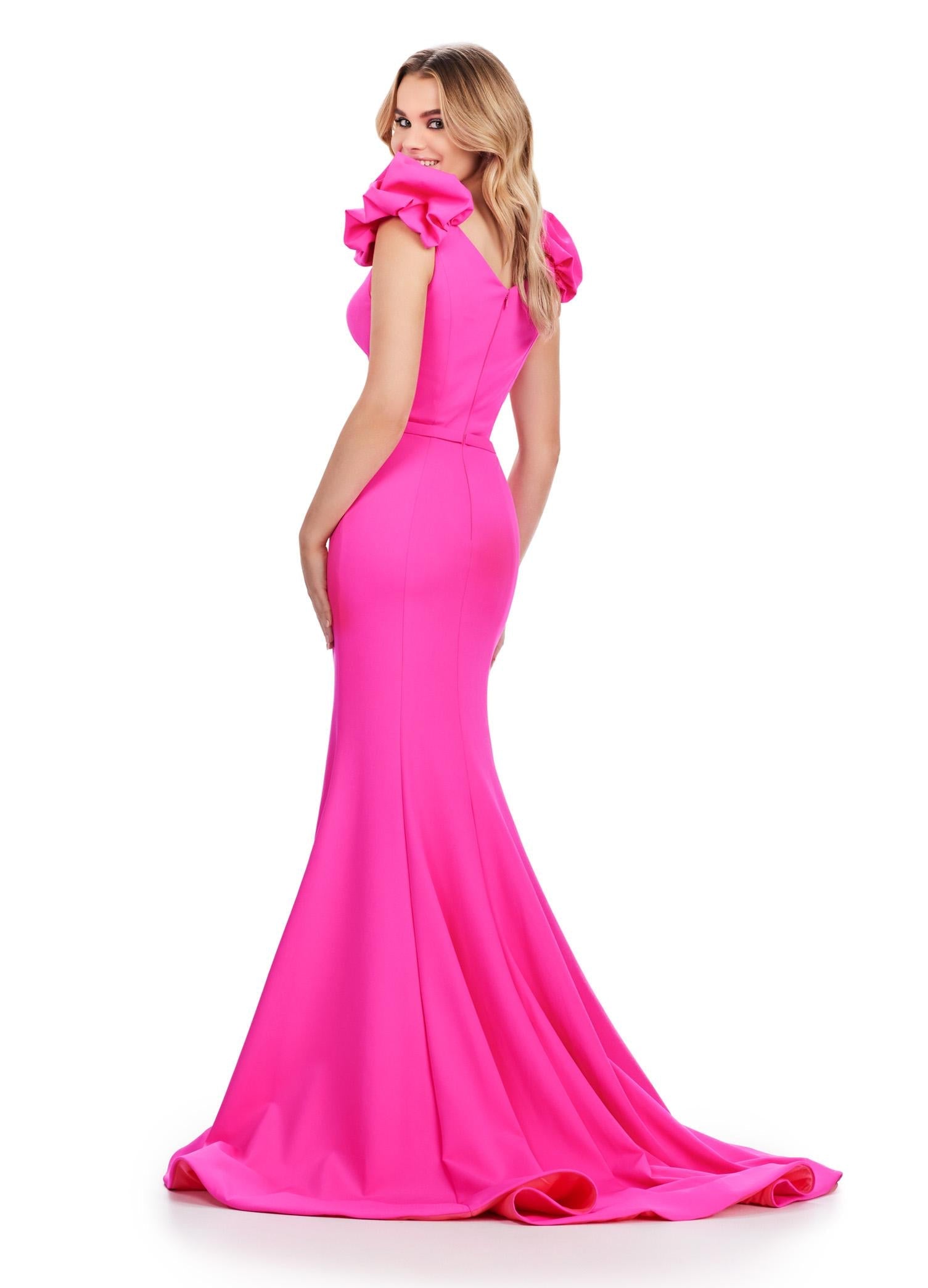Back. Fuchsia ASHLEYlauren 11615 Scuba Gown with Beaded Trim Sweetheart Neckline, Puff Sleeves, V-Back, and Ruched Waist Detail