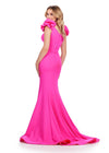 Back. Fuchsia ASHLEYlauren 11615 Scuba Gown with Beaded Trim Sweetheart Neckline, Puff Sleeves, V-Back, and Ruched Waist Detail