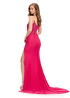 Back. Fuchsia ASHLEYlauren 11616 Spaghetti Strap Gown with Beaded Corset Bustier, Press On Stone Embellishments, and Left Leg Slit