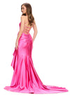 Back. Fuchsia ASHLEYlauren 11638 Edgy Shimmer Jersey Gown with Spaghetti Straps, Structured Corset Bustier, Statement Bow and Ruffle Accent, and Lace Up Back