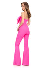 Back. Fuchsia ASHLEYlauren 11703 Fun and Flirty One Shoulder Scuba Jumpsuit with Statement Oversized Bow Detail
