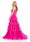 Back. Fuchsia/Hot Pink ASHLEYlauren 11619 One Shoulder Ball Gown with Ruched Bustier, Two-Tone Tiered Pleated Tulle Skirt, and Left Leg Slit