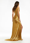 Back. Gold ASHLEYlauren 11157 Off-Shoulder Gown with Sweetheart Neckline, Fully Liquid Beading, Right Leg Slit, and Puddle Train