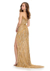 Back. Gold ASHLEYlauren 11236 strapless gown featuring a sweetheart neckline, modern floral sequin motif cascading down the bustier and skirt, and a left leg slit for a glamorous and head-turning look.