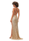 Back. Gold ASHLEYlauren 11342 sequin gown featuring double spaghetti straps, a sweetheart neckline, lace-up back with beaded fringe tassels, and a left leg slit for a glamorous and elegant look.