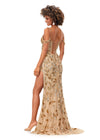 Back. Gold ASHLEYlauren 11365 stunning fully hand-beaded gown featuring a sweetheart neckline, intricate beadwork throughout the corset bustier, a fitted skirt with a left leg slit, elegant draped straps, and a sweep train for a sophisticated and glamorous look.
