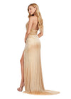 Back. Gold ASHLEYlauren 11547 Plunging V-Neckline Fully Liquid Beaded Gown with Open Back and High Left Leg Slit