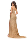 Back. Gold ASHLEYlauren 11711 elegant gown featuring a fully hand-beaded bodice, spaghetti straps, corset bustier, illusion neckline, and a left leg slit for a glamorous and sophisticated look.