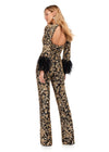 Back. Gold/Black ASHLEYlauren 11394 extravagant fully beaded jumpsuit featuring a crew neckline, illusion cut-out, open back, and feathered cuffs for a bold and statement-making look.