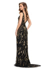 Back. Gold/Black ASHLEYlauren 11669 Fully Beaded Gown with Illusion V-Neckline, Sheer Side Cut Outs, Low V-Back, and Fitted Silhouette