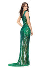 Back. Green ASHLEYlauren 11207 One-Shoulder Sequin Gown