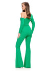 Back. Green ASHLEYlauren 11763 Statement One Shoulder Scuba Jumpsuit with Asymmetric Off the Shoulder Sleeve