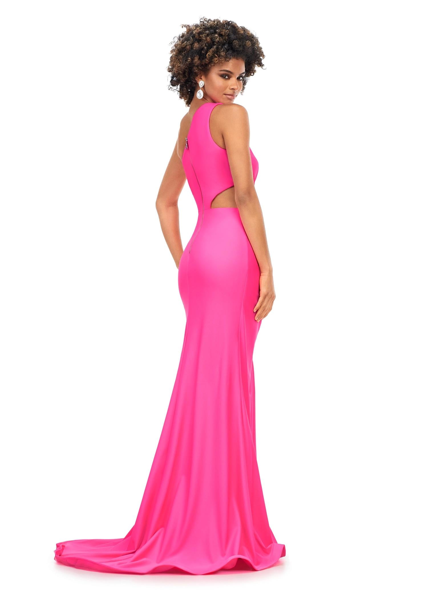 Back. Hot Pink ASHLEYlauren 11303 One Shoulder Jersey Gown with Ruched Bodice, Asymmetrical Cut Outs, Fitted Wrap Skirt, and Exposed Metal Zipper Back