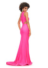 Back. Hot Pink ASHLEYlauren 11303 One Shoulder Jersey Gown with Ruched Bodice, Asymmetrical Cut Outs, Fitted Wrap Skirt, and Exposed Metal Zipper Back