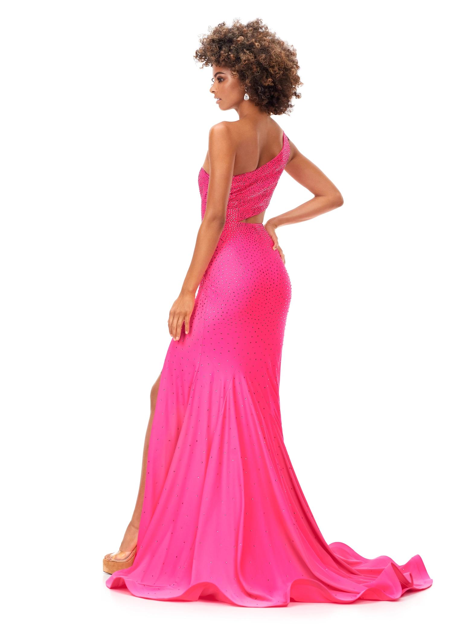 Back. Hot Pink ASHLEYlauren 11337 One Shoulder Fitted Jersey Gown Embellished with Heat Set Stones, Asymmetrical Shark Bite Cut Out, and Left Leg Slit