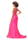 Back. Hot Pink ASHLEYlauren 11337 One Shoulder Fitted Jersey Gown Embellished with Heat Set Stones, Asymmetrical Shark Bite Cut Out, and Left Leg Slit