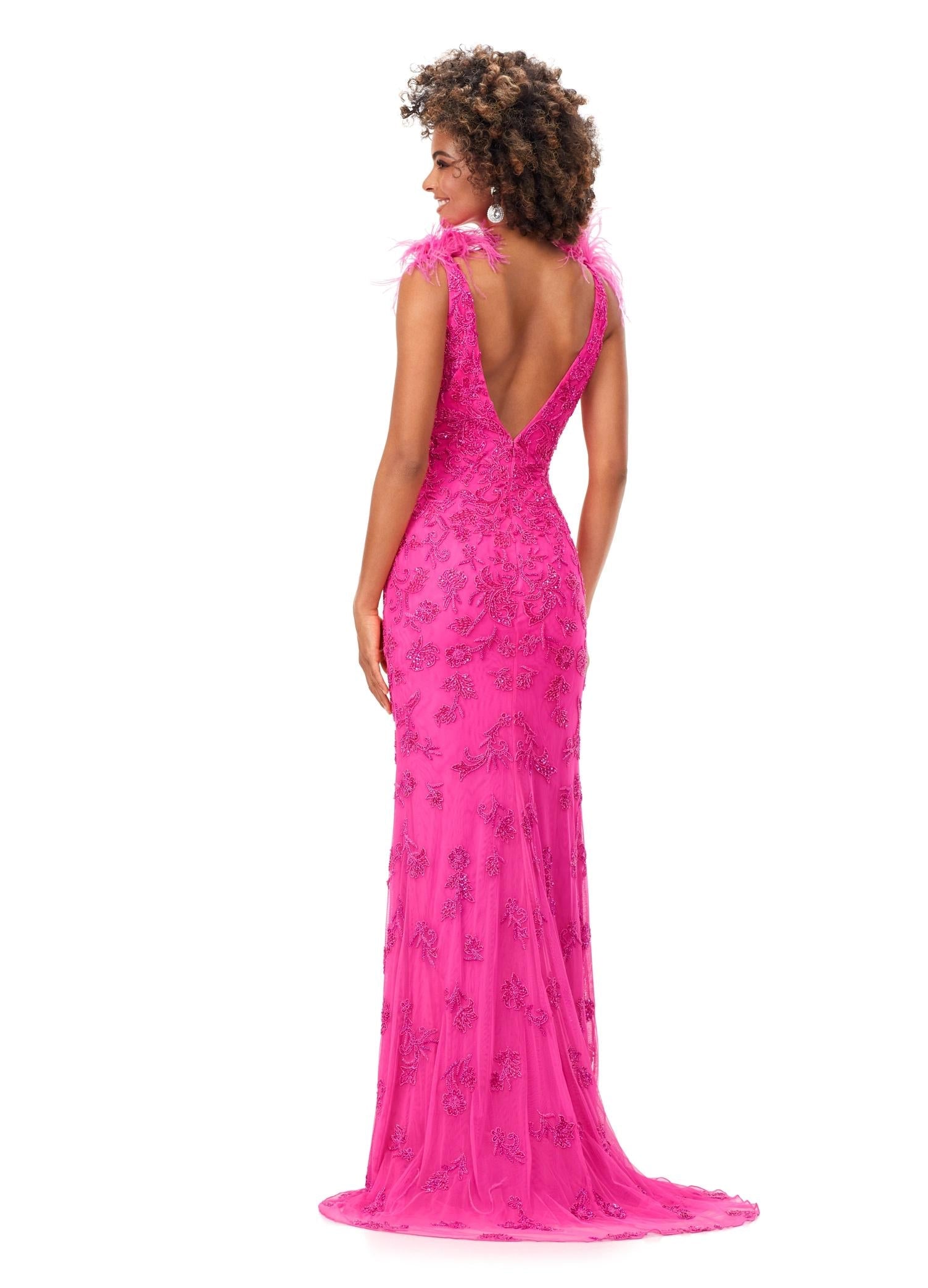 Back. Hot Pink ASHLEYlauren 11349 beaded gown featuring a V-neckline, feather shoulder details, V-back, and a sweep train for an elegant and dramatic look.