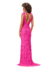 Back. Hot Pink ASHLEYlauren 11349 beaded gown featuring a V-neckline, feather shoulder details, V-back, and a sweep train for an elegant and dramatic look.