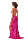 Back. Hot Pink ASHLEYlauren 11363 stunning hand-beaded gown featuring a sweetheart neckline, delicate spaghetti straps, an open back, and an intricate sequin pattern cascading throughout, complete with a left leg slit for a bold and glamorous look.