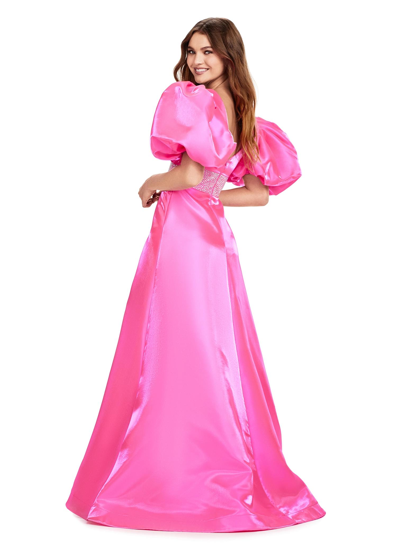 Back. Hot Pink ASHLEYlauren 11378 Elegant Shimmer Satin A-Line Gown with V-Neckline, V-Back, Oversized Puff Sleeves, and Heat Set Detailed Waistband