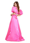 Back. Hot Pink ASHLEYlauren 11378 Elegant Shimmer Satin A-Line Gown with V-Neckline, V-Back, Oversized Puff Sleeves, and Heat Set Detailed Waistband