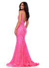 Back. Hot Pink ASHLEYlauren 11466 fitted stretch sequin gown with V-neckline and deep V-back