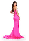 Back. Hot Pink ASHLEYlauren 11605 Timeless Strapless Satin Gown with Sweetheart Neckline, Ruched Detailing, Lace Up Back, and Right Leg Slit