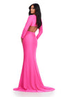 Back. Hot Pink ASHLEYlauren 11607 Unique Jersey Gown with V-Neckline, Long Sleeves, Crisscross Cut Out Wrap Bustier, Draped Fitted Skirt, and Left Leg Slit