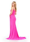 Back. Hot Pink ASHLEYlauren 11616 Spaghetti Strap Gown with Beaded Corset Bustier, Press On Stone Embellishments, and Left Leg Slit