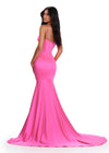 Back. Hot Pink ASHLEYlauren 11644 Fitted Satin Gown with Corset Bustier, Illusion V-Neckline, Spaghetti Straps, and Beaded Accents