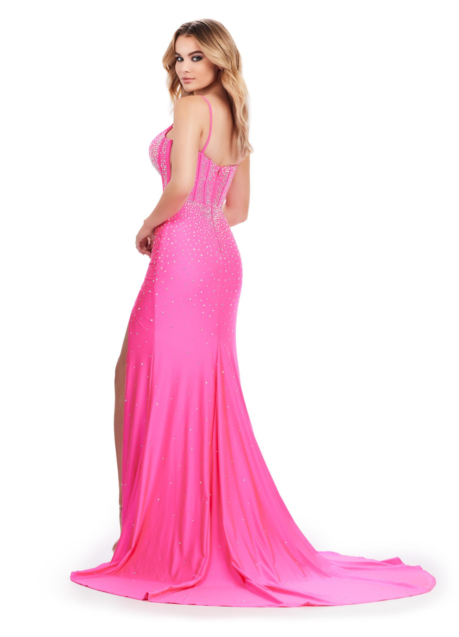 Back. Hot Pink ASHLEYlauren 11688 Stunning Jersey Gown with Spaghetti Straps, Plunging V-Neckline, Scattered Press On Stones, Draped Skirt, and Left Leg Slit