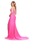 Back. Hot Pink ASHLEYlauren 11688 Stunning Jersey Gown with Spaghetti Straps, Plunging V-Neckline, Scattered Press On Stones, Draped Skirt, and Left Leg Slit
