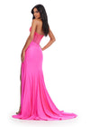 Back. Hot Pink ASHLEYlauren 11690 Glamorous Strapless Gown with Exposed Corset Boning Encrusted in Press On Stones, Ruched Skirt, and Left Leg Slit